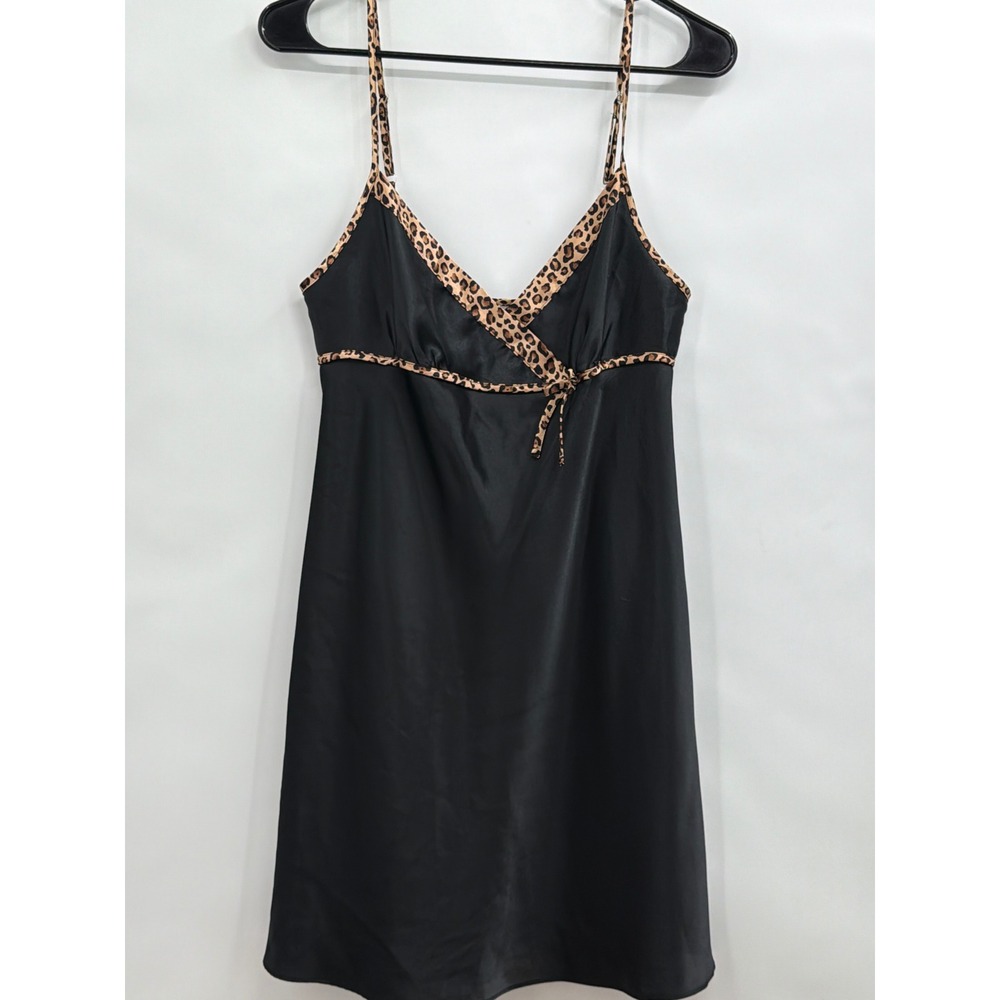 Morgan‎ Taylor Intimates Black Satin Leopard Trim Chemise Nightgown Medium